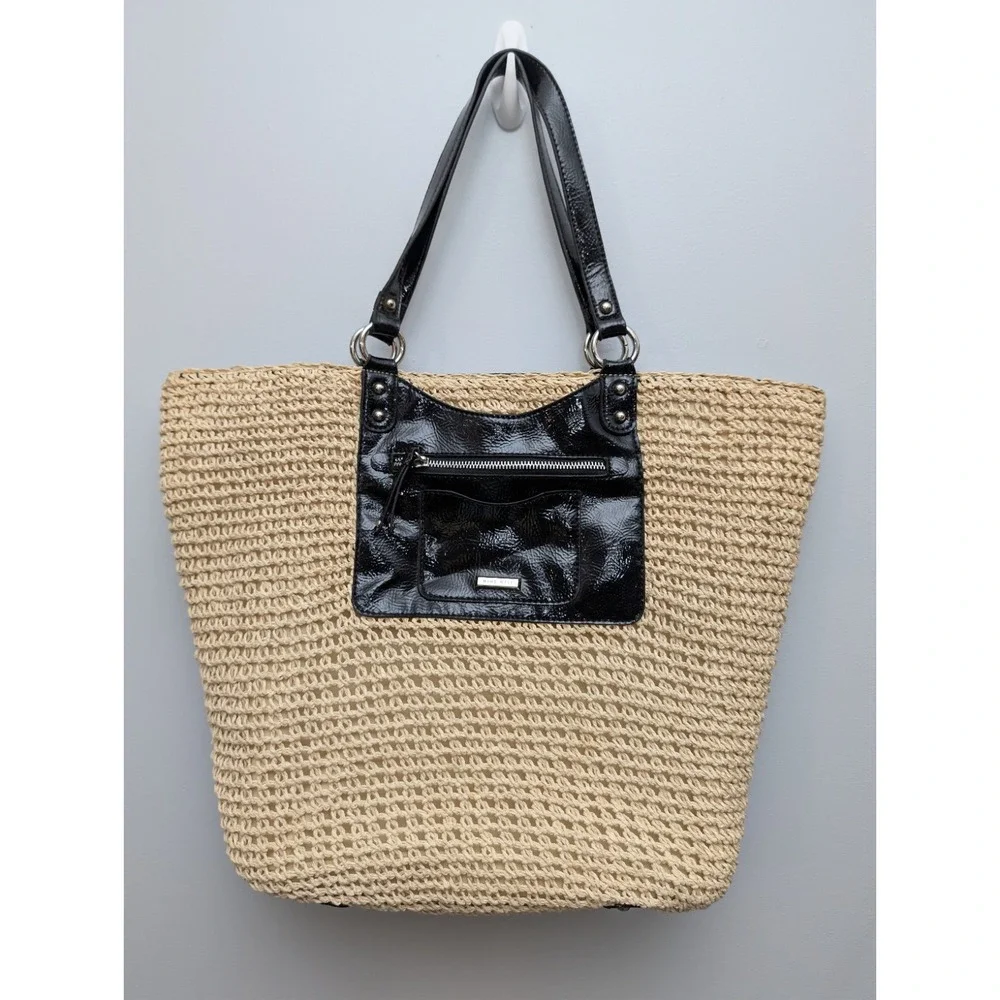 Nine West Open-Weave Crochet Straw Tote Bag w/Faux Patent Leather & Attached Bag
